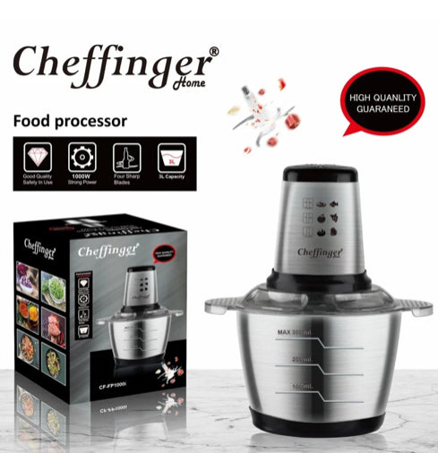 Cheffinger Germany Moedor elétrico multifuncional de carne e legumes em aço inoxidável 1000 W / 3 litros 6 lâminas