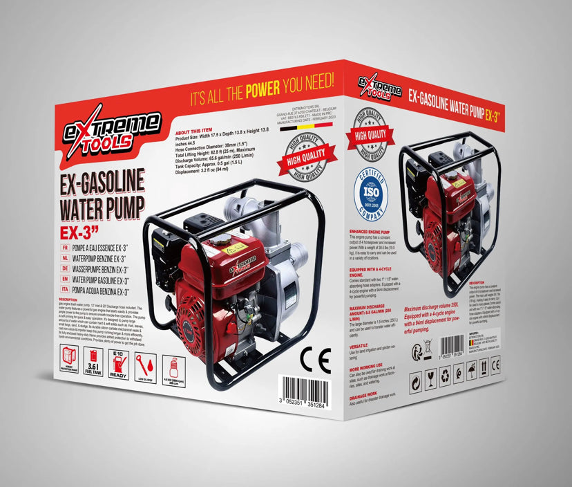 Bomba de água a gasolina EXTREME TOOLS de 3 polegadas, motor a 4 tempos