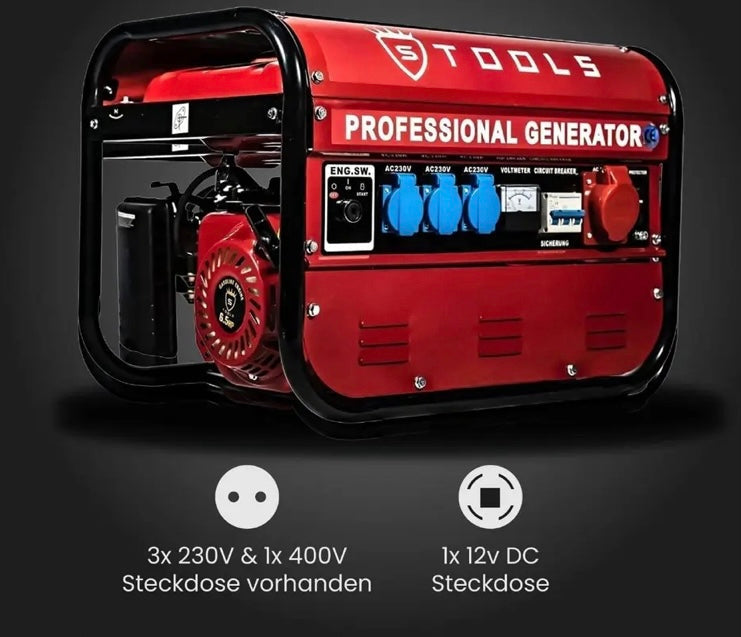 STOOLS Germany Gerador elétrico a gasolina 8500W de funcionamento silencioso com 4 tomadas 15litros Motor a 4 tempos