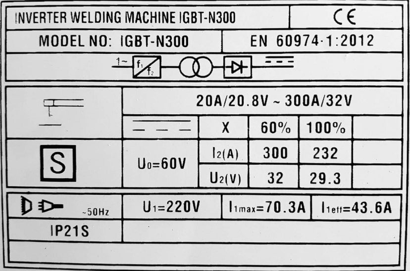 PROFESSIONAL Inverter Welder 300A - 15 KVA of Power IGBT Technology Diret Current DC MMA Display Inclui 2 Eléctrodos, Máscara, Escova - Picareta, Pinça de Suporte de Elétrodo Negativo