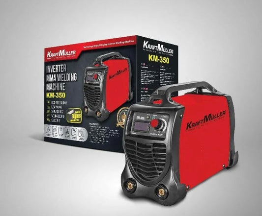 Soldador inversor KRAFT MÜLLER PROFESSIONAL 350A com tecnologia IGBT e display LED. Inclui 10 elétrodos, máscara, escova - picareta, braçadeira porta-elétrodos negativo.