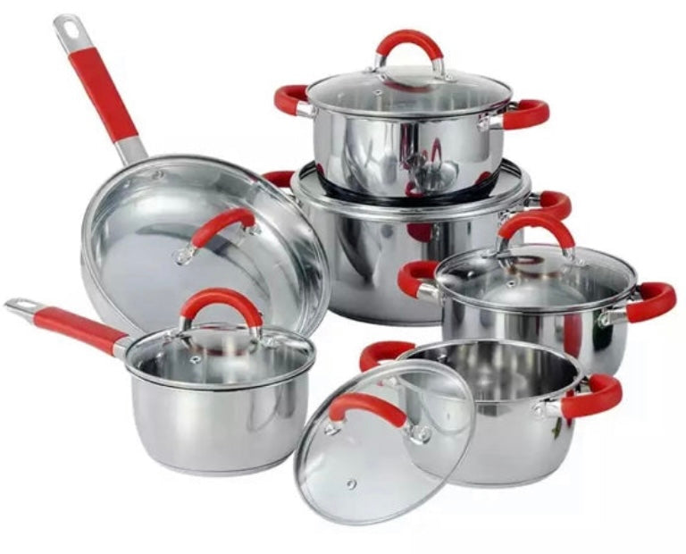 Trem de panelas de 6 peças com tampas e um conjunto de 6 facas