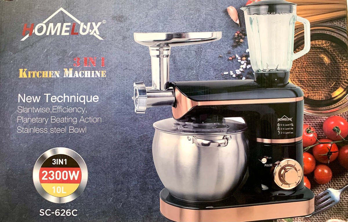 Robot de cozinha Homelux 3 em 1, 10 litros, 2300 W, taça em aço inoxidável, 6 velocidades. Cores: Vermelho, Preto e Cinza