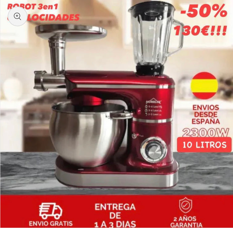 Robot de cozinha Homelux 3 em 1, 10 litros, 2300 W, taça em aço inoxidável, 6 velocidades. Cores: Vermelho, Preto e Cinza