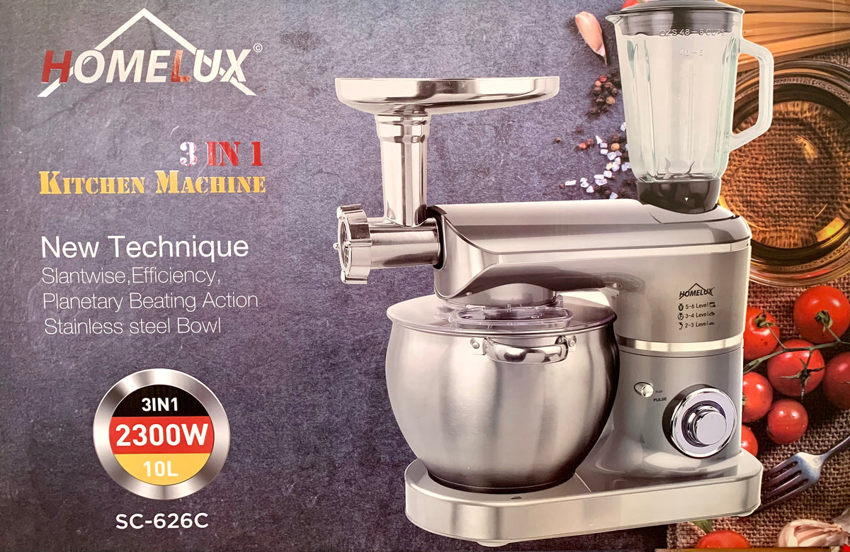 Robot de cozinha Homelux 3 em 1, 10 litros, 2300 W, taça em aço inoxidável, 6 velocidades. Cores: Vermelho, Preto e Cinza