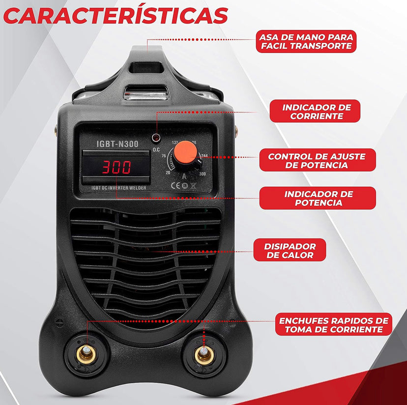 PROFESSIONAL Inverter Welder 300A - 15 KVA of Power IGBT Technology Diret Current DC MMA Display Inclui 2 Eléctrodos, Máscara, Escova - Picareta, Pinça de Suporte de Elétrodo Negativo