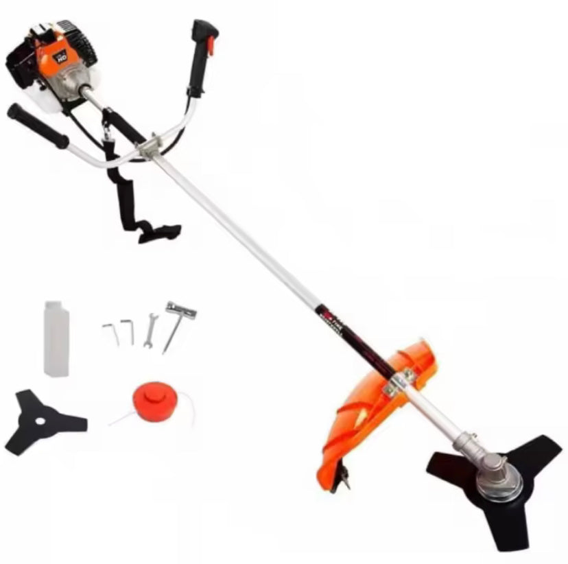 Roçadora LINEA HD com motor a gasolina de 52 cc e 3 cv, 2 acessórios de corte, guiador com punho duplo, arnês e kit de ferramentas.