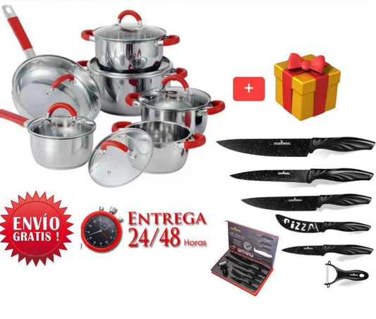 Trem de panelas de 6 peças com tampas e um conjunto de 6 facas