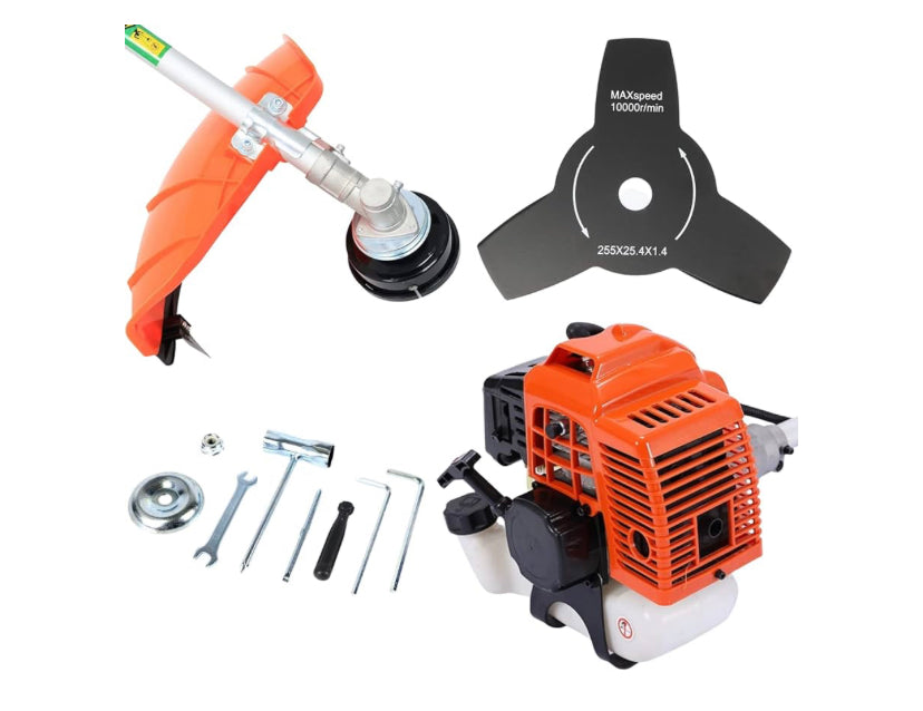 Roçadora LINEA HD com motor a gasolina de 52 cc e 3 cv, 2 acessórios de corte, guiador com punho duplo, arnês e kit de ferramentas.