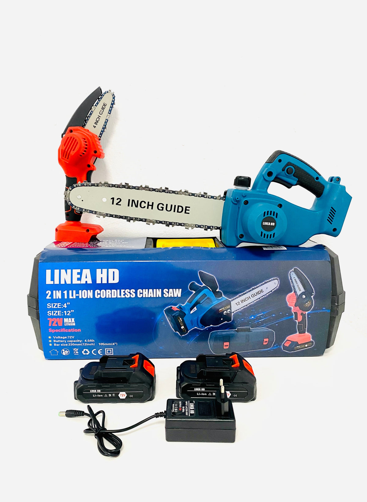 2 motosserras elétricas LINEA HD 2X1, a grande com cabo e reservatório de óleo, e a pequena com fecho de segurança, 2 pilhas recarregáveis de 72V