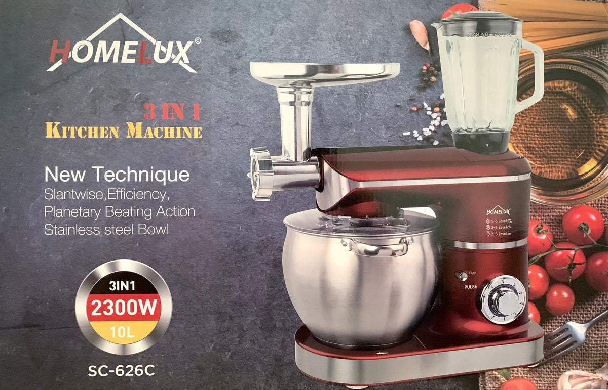 Robot de cozinha Homelux 3 em 1, 10 litros, 2300 W, taça em aço inoxidável, 6 velocidades. Cores: Vermelho, Preto e Cinza