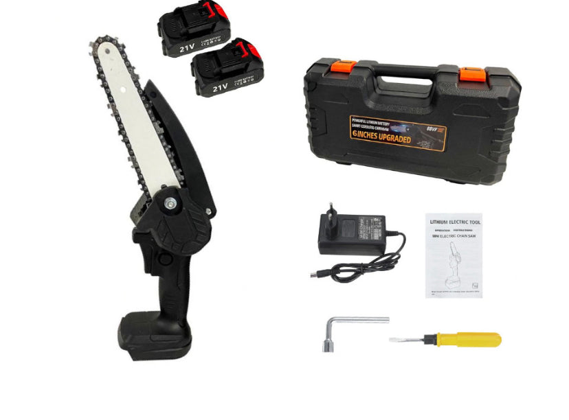 LINEA HD - Mini motosserra elétrica portátil de 6 polegadas (15 cm), 2 baterias de 21 V, 1500 mAh, fecho de segurança, carregador, kit de ferramentas e mala de transporte.
