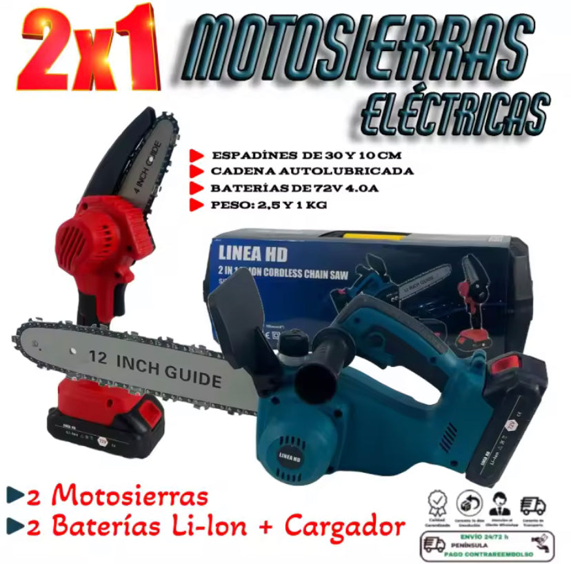 2 motosserras elétricas LINEA HD 2X1, a grande com cabo e reservatório de óleo, e a pequena com fecho de segurança, 2 pilhas recarregáveis de 72V