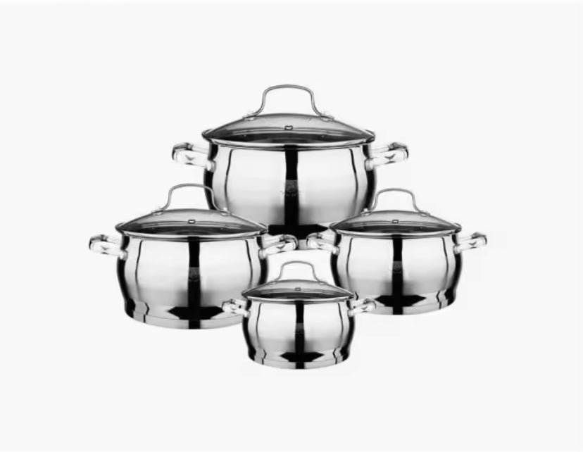 Bateria de cocina de 4 piezas con sus tapaderas en acero inoxidable apta para todo tipo de cocina