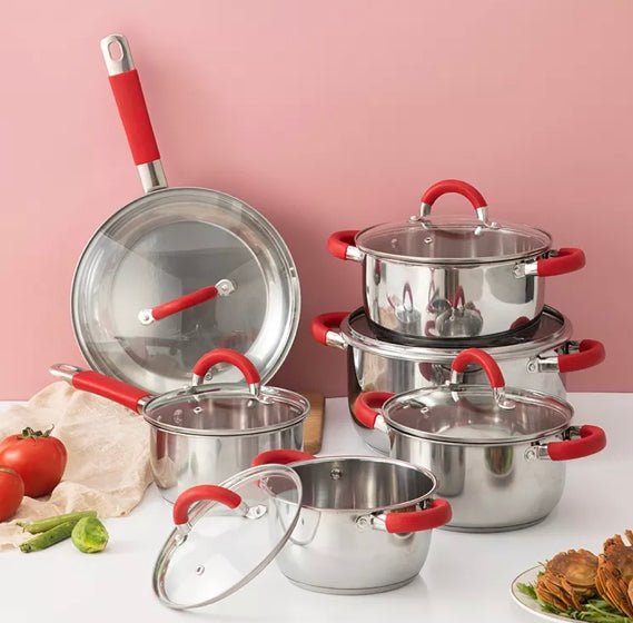Conjunto de 6 panelas em aço inoxidável com tampas de vidro adequado para todos os tipos de cozinha