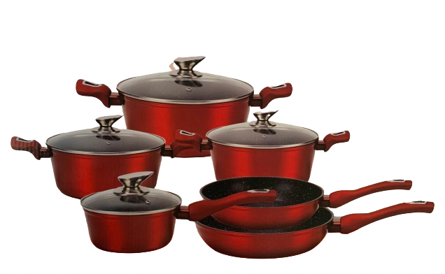 Conjunto de panelas de mármore SWISS LINE sem PFOA, com 3 panelas com 3 tampas de vidro, 2 frigideiras e uma panela.